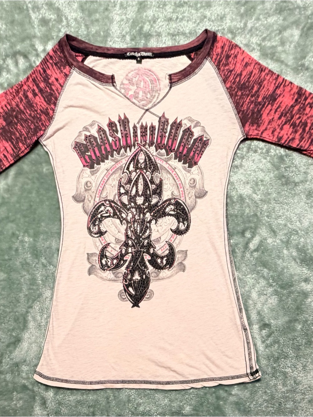 Crash & Burn Fleur De Lis Raglan Top Small Pink Cream Y2K Style